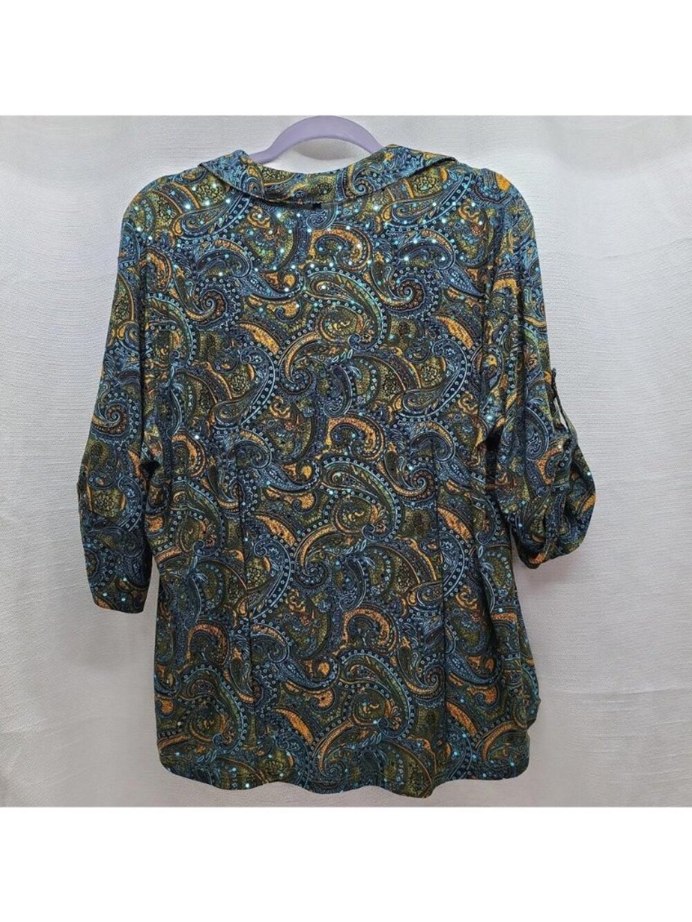 Cathy Womens XL Paisley Tunic Top Blue Teal Gold Boho Roll Tab Sleeve Blouse - Picture 2 of 8
